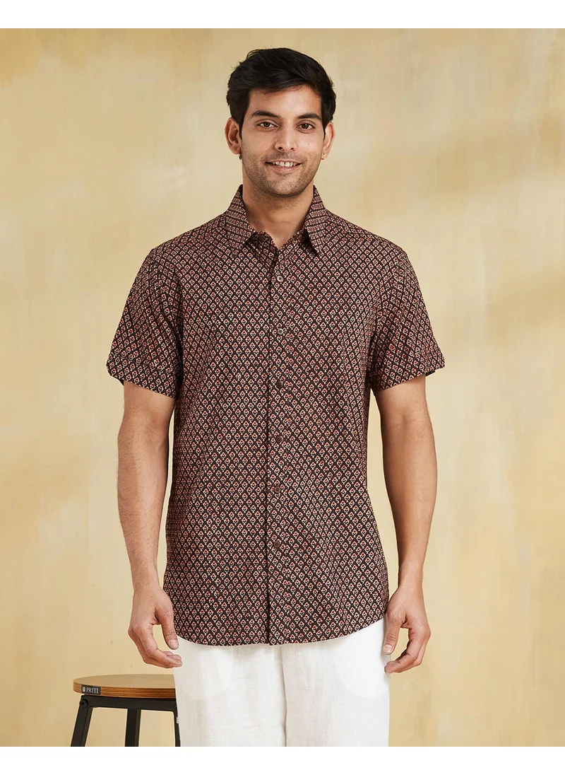 Fabindia Brown Cotton Ajrakh Printed Shirt