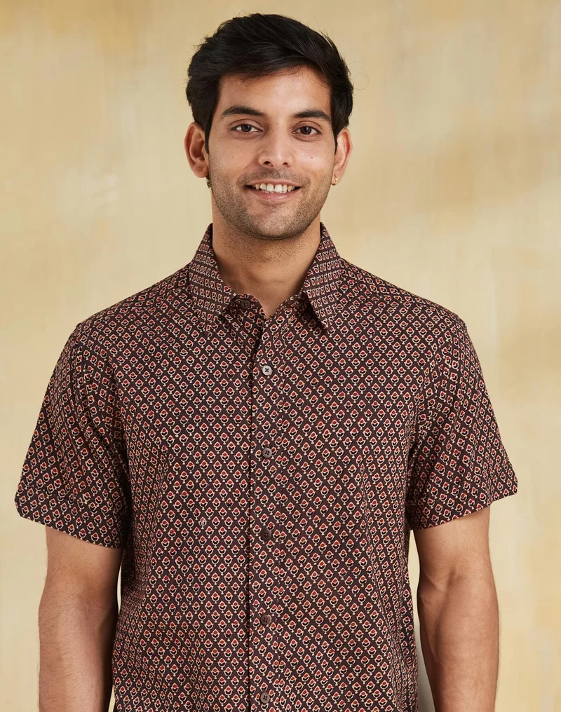 Fabindia Brown Cotton Ajrakh Printed Shirt