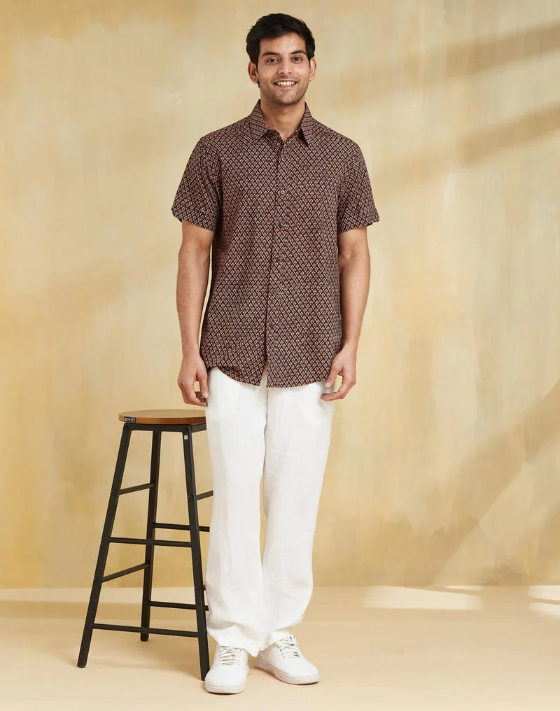 Fabindia Brown Cotton Ajrakh Printed Shirt