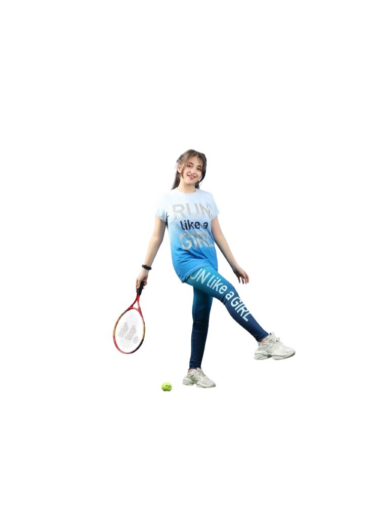 Generic A two-piece girls' sports set: a baby blue T-shirt in gray and baby blue pants  - Image 1