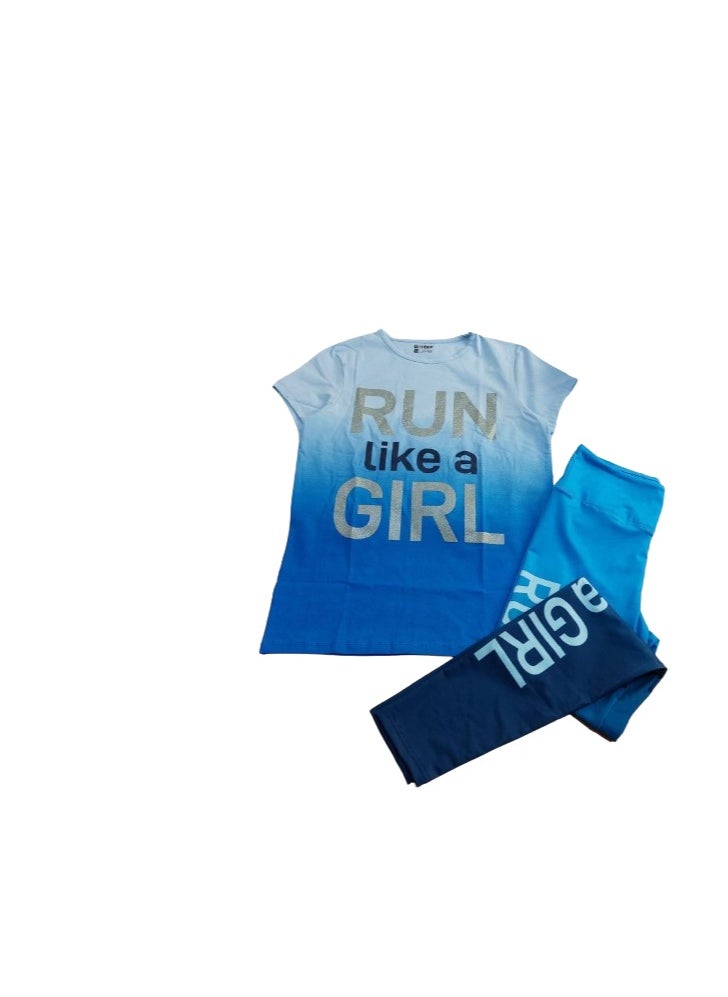 Generic A two-piece girls' sports set: a baby blue T-shirt in gray and baby blue pants  - Image 2