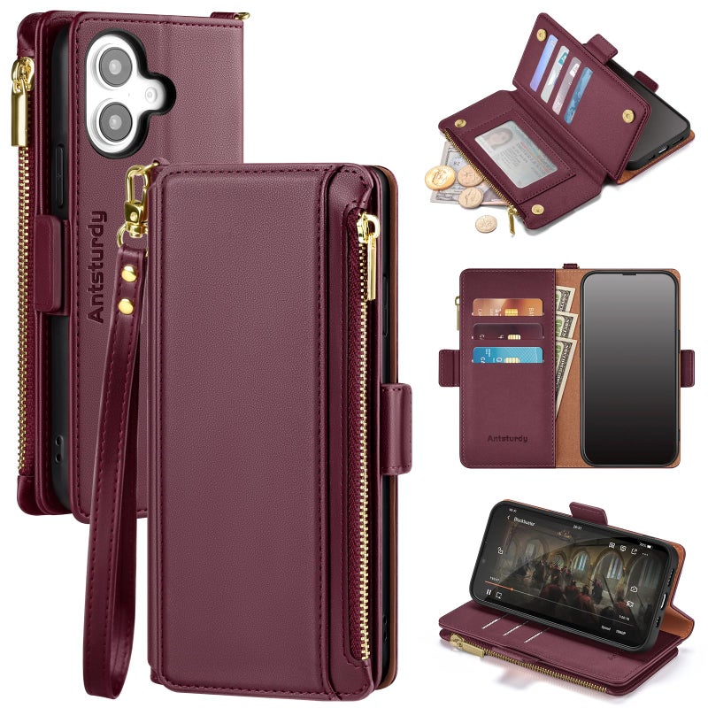 Antsturdy Compatible with iPhone 16 Plus Wallet CaseRFID Blocking PU Leather Phone Case Women Men Kickstand flip Cover Wrist Strap Zipper Credit Card Holder Slots for Apple 16 Plus 67Wine Red - Image 2