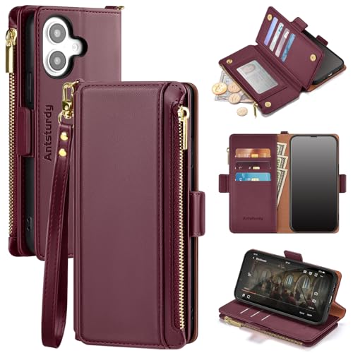 Antsturdy Compatible with iPhone 16 Plus Wallet CaseRFID Blocking PU Leather Phone Case Women Men Kickstand flip Cover Wrist Strap Zipper Credit Card Holder Slots for Apple 16 Plus 67Wine Red - Image 1