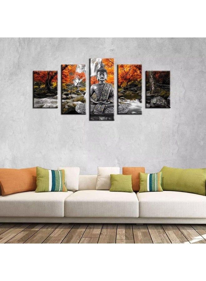 Home Trove AWLXPHY Decor Buddha Waterfall Wall Art Canvas Painting Framed 5 Panels for Living Room Decoration Modern Landscape Trees Zen Stretched Artwork Giclee - Image 3
