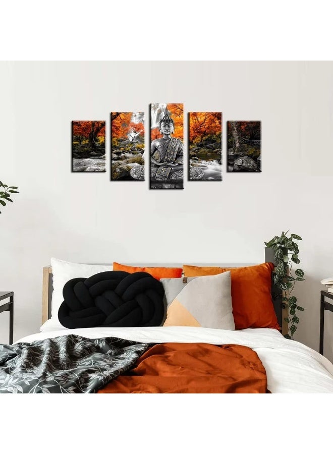 Home Trove AWLXPHY Decor Buddha Waterfall Wall Art Canvas Painting Framed 5 Panels for Living Room Decoration Modern Landscape Trees Zen Stretched Artwork Giclee - Image 5