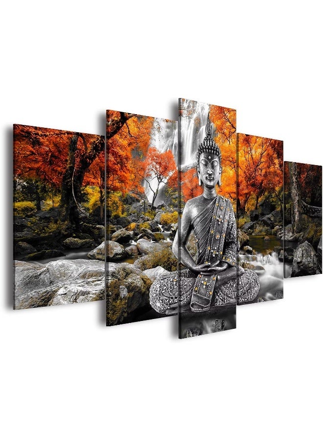 Home Trove AWLXPHY Decor Buddha Waterfall Wall Art Canvas Painting Framed 5 Panels for Living Room Decoration Modern Landscape Trees Zen Stretched Artwork Giclee - Image 1