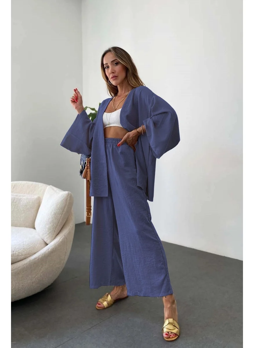 Barbora Linen Women's Casual Kimono Two Piece Set LN29LACIVERT3