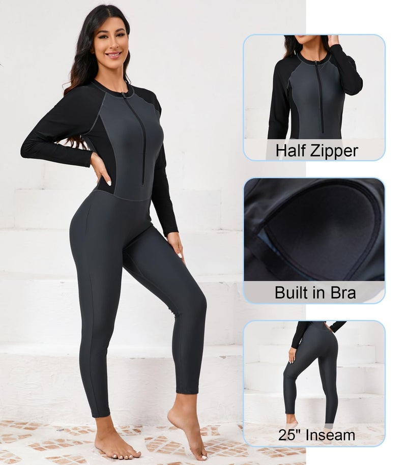 ALLTOKE Womens Full Body Rash Guard with Built in Bra Long Sleeve One Piece Swimsuit Upf50+ Zip Front Bathing Suit Grey XL - Image 4