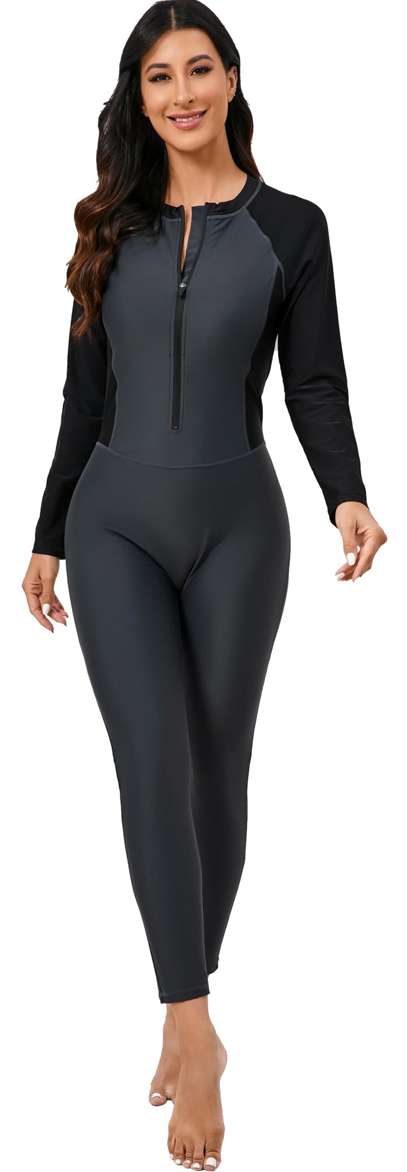 ALLTOKE Womens Full Body Rash Guard with Built in Bra Long Sleeve One Piece Swimsuit Upf50+ Zip Front Bathing Suit Grey XL - Image 1