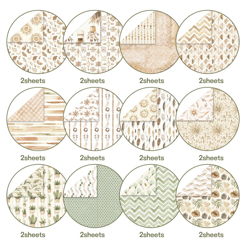 MIATTCLD Scrapbook Paper Boho Patterned Paper for Scrapbooking, Double Sided Floral Decorative Craft Papers, MIATTCLD 24 Sheets Scrapbook Background Papers for Photo Album Journal Decor (Beige, 12x12 IN) - Image 3