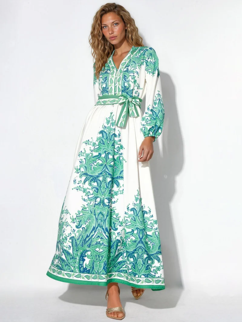 جينيفر Paisley A-line Maxi Dress With Tie Belt