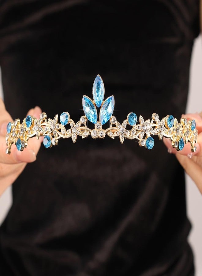 Rannyrena Gold Wedding Crystal Tiaras and Crowns for Women Rhinestone Bridal Queen Crown Princess Headpiece Hair Accessories for Birthday Wedding Pageant Party Prom (Light Blue) - Image 3