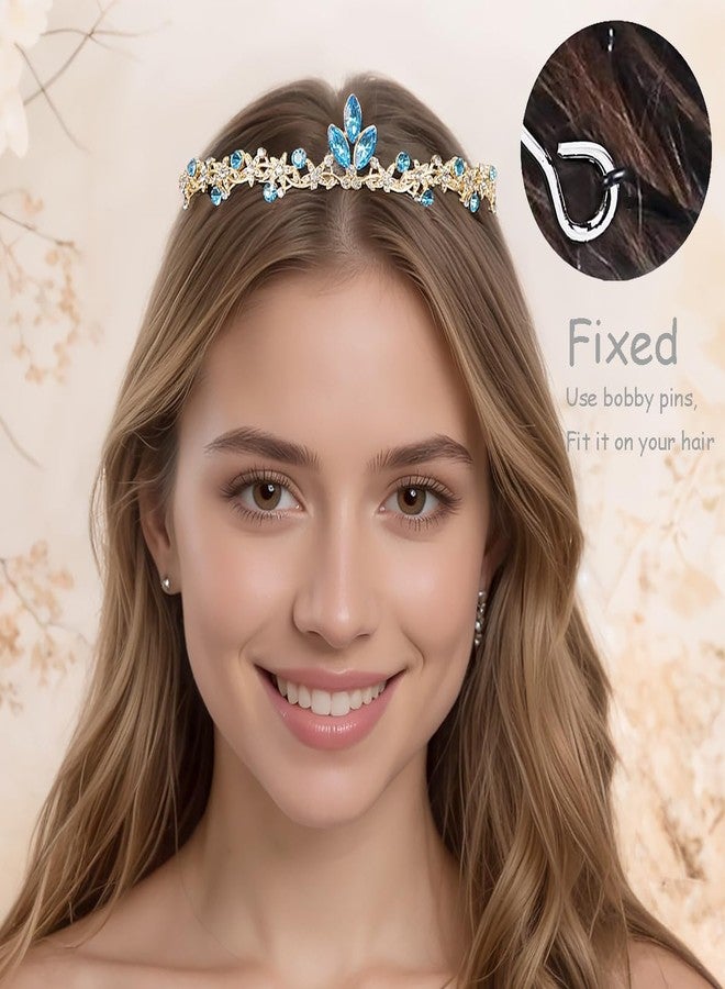 Rannyrena Gold Wedding Crystal Tiaras and Crowns for Women Rhinestone Bridal Queen Crown Princess Headpiece Hair Accessories for Birthday Wedding Pageant Party Prom (Light Blue) - Image 2