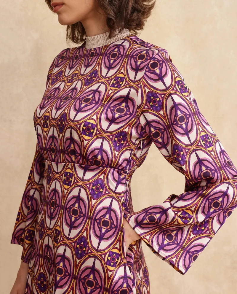 ريريزم Rareism Women Erzurum Multi Satin Bell Sleeves Ruffled Neck Zip Closure Flared Knee Length Abstract Print Dress