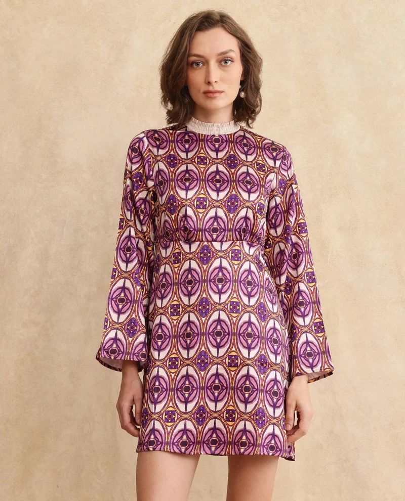 ريريزم Rareism Women Erzurum Multi Satin Bell Sleeves Ruffled Neck Zip Closure Flared Knee Length Abstract Print Dress