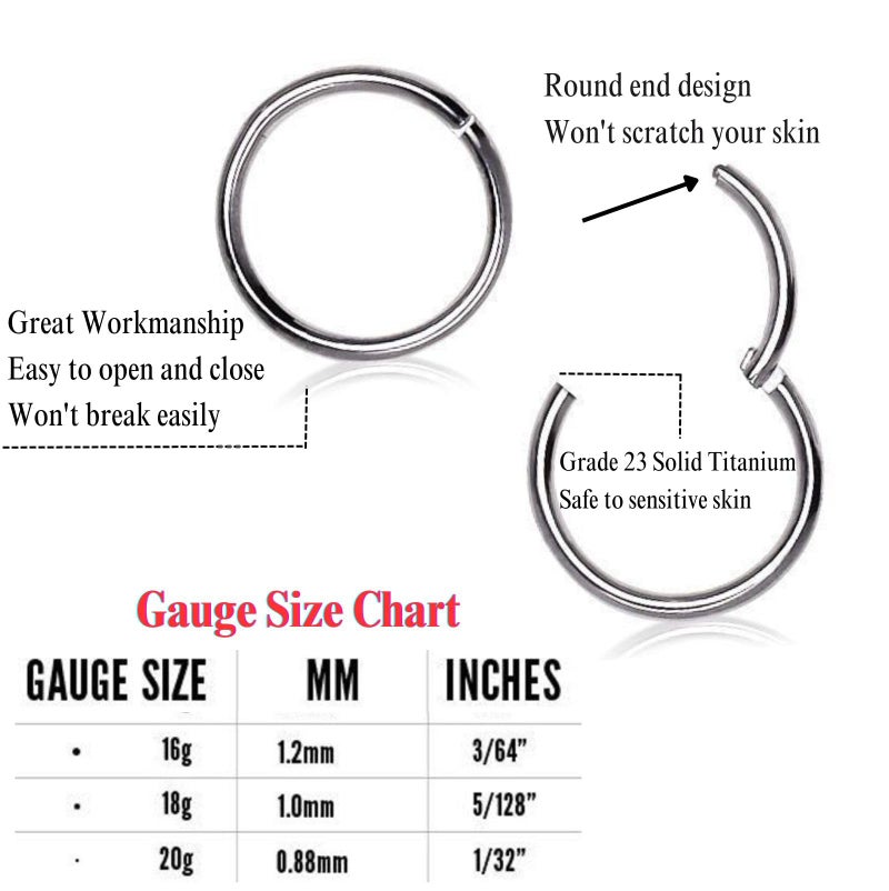 BLISI 5Pcs G23 Titanium Nose Rings 16G/18G/20G Hinged Clicker Segment Pink Lip Septum Rings Tragus Cartilage Sleeper Earrings, 6mm-10mm Hypoallergenic Nose Ring for Women Men - Image 3