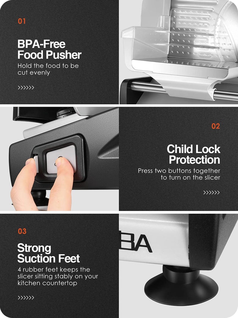 OSTBA Meat Slicer 200W Electric Deli Food Slicer with 2 Removable 7.5" Stainless Steel Blade, Adjustable Thickness for Home Use, Child Lock Protection, Easy to Clean, Cuts Meat, Bread and Cheese - Image 5