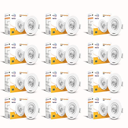 wipro Polycarbonate Garnet 3W Round Led Wave Spotlight|Cob Spotlight for Ceiling|Warm White Light (2700K)|Adjustable Design|Recessed Tiltable Downlighter for False Ceiling|Cutout-60 Mm|Pack of 12 - Image 1