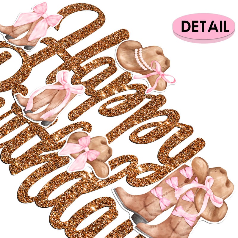umoni Cowgirl Boots and Hat Birthday Cake Topper Pink Bow Coquette Cowgirl Cake Decorations Brown Glitter Western Rodeo Theme Happy Birthday Cake Pick for Girls Wild West Party Supplies - Image 5