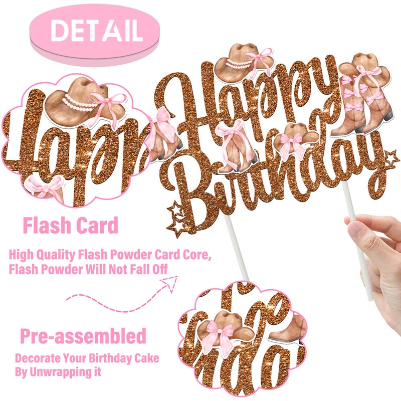umoni Cowgirl Boots and Hat Birthday Cake Topper Pink Bow Coquette Cowgirl Cake Decorations Brown Glitter Western Rodeo Theme Happy Birthday Cake Pick for Girls Wild West Party Supplies - Image 3