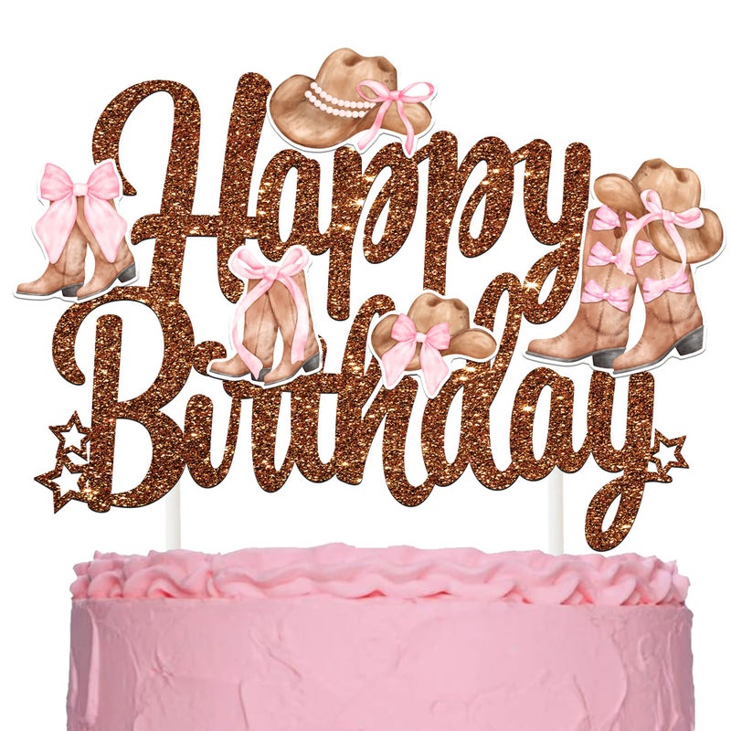 umoni Cowgirl Boots and Hat Birthday Cake Topper Pink Bow Coquette Cowgirl Cake Decorations Brown Glitter Western Rodeo Theme Happy Birthday Cake Pick for Girls Wild West Party Supplies - Image 1