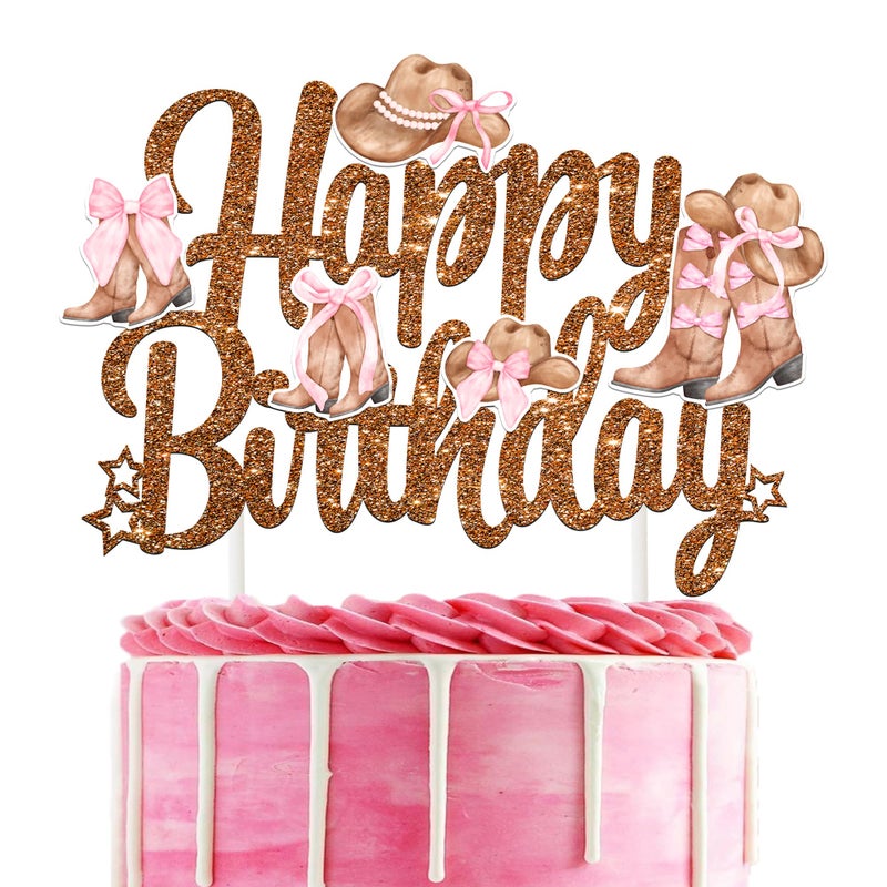 umoni Cowgirl Boots and Hat Birthday Cake Topper Pink Bow Coquette Cowgirl Cake Decorations Brown Glitter Western Rodeo Theme Happy Birthday Cake Pick for Girls Wild West Party Supplies - Image 2