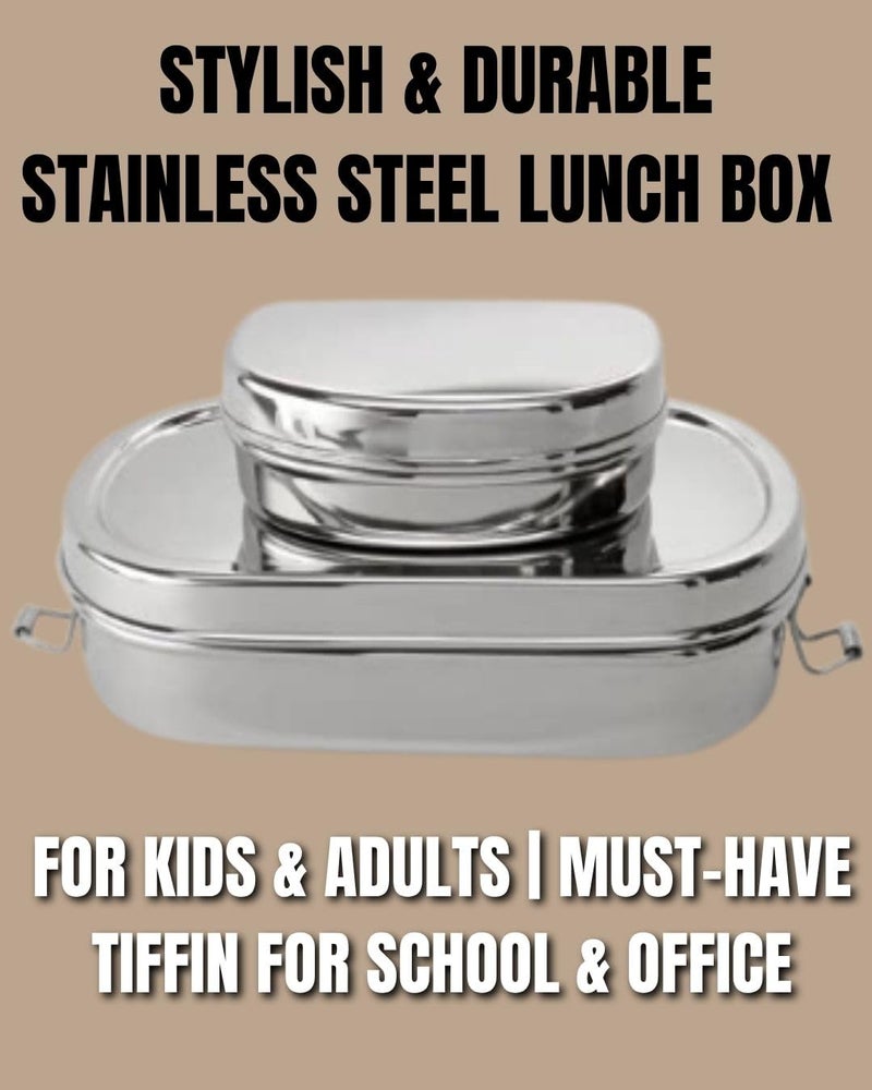 DiBha Stainless Steel Oval Shape School Lunch Box/School Lunch Box for Kids/Adults with 1 Snack Box (500 ml) - Image 2