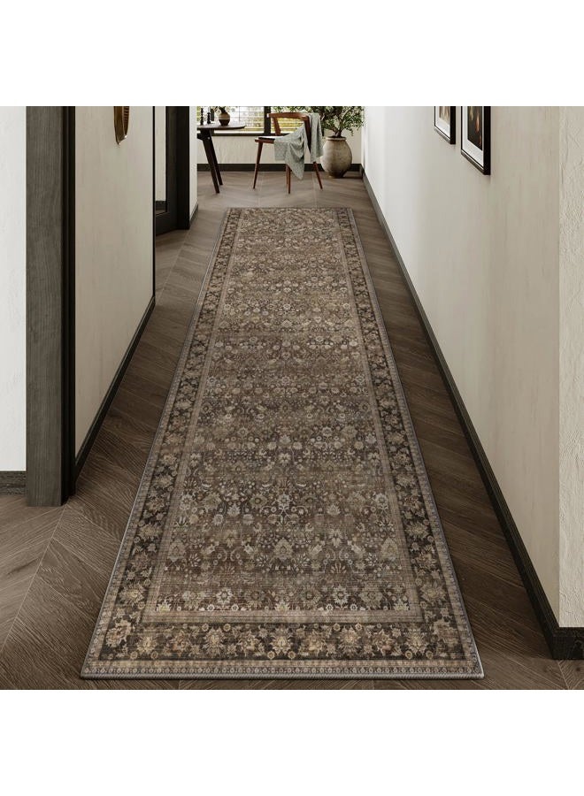 HUGEAR 2x8 Runner Rug Machine Washable Brown Hallway Area Rug Indoor Accent Rugs Floral Low Pile Carpet Soft Throw Rugs Bedroom Living Room Office Dining Kitchen Laundry Non Slip - Image 1
