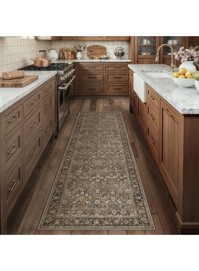HUGEAR 2x8 Runner Rug Machine Washable Brown Hallway Area Rug Indoor Accent Rugs Floral Low Pile Carpet Soft Throw Rugs Bedroom Living Room Office Dining Kitchen Laundry Non Slip - Image 3