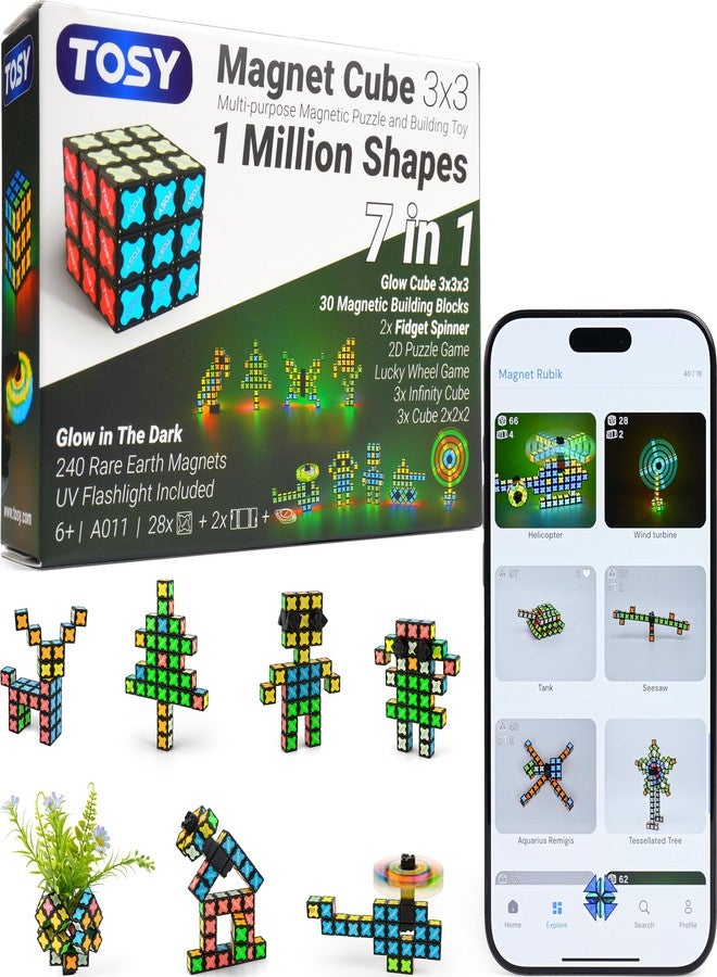 TOSY Magnet Cube 3x3 - 240 Magnets, 30 Blocks, 7in1 Toy: Puzzle Cube Game, Creative Building Blocks, Transformable Fidget Spinner, Infinity Cube, Magnet Tiles, UV Flashlight, Glowing STEM/STEAM Toy - Image 1