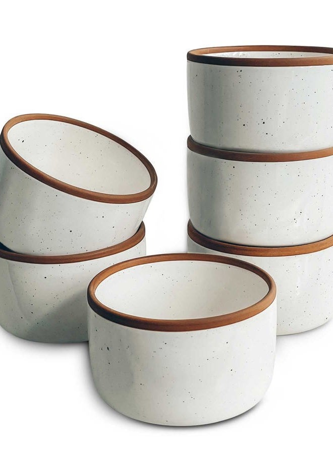 Mora CERAMICS HIT PAUSE Ramekins - 6oz, Set of 6 - Small Oven Safe Baking Dishes/Cups - For Personal Pudding, Creme Brulee, Souffle, Serving Dip, Custard, Ice Cream - Single Mini Bowls - Vanilla White - Image 1