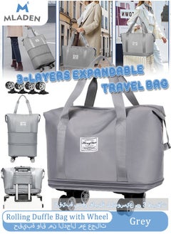MLADEN Rolling Duffle Bag with Wheels 3-Layers Expandable Travel Bag Foldable Carry-on Bag with Detachable Wheels Large Gym Bag Weekend Bag Travel Luggage Bag Tote Bags for Men and Women(Grey)  - Image 1