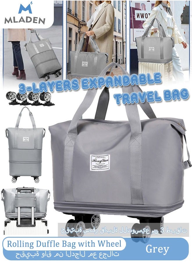 MLADEN Rolling Duffle Bag with Wheels 3-Layers Expandable Travel Bag Foldable Carry-on Bag with Detachable Wheels Large Gym Bag Weekend Bag Travel Luggage Bag Tote Bags for Men and Women(Grey)  - Image 1