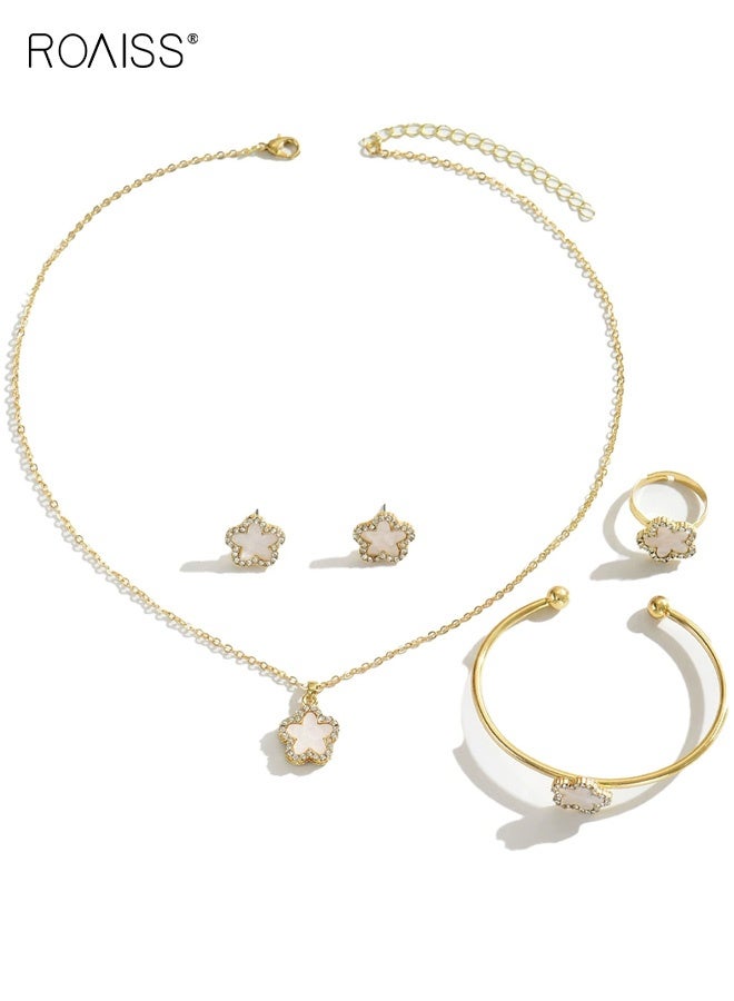 رويس مجموعة مجوهرات الزهور للنساء مكونة من 4 قطع، مجموعة قلادة وأقراط مطلية بالذهب مع خاتم وإسورة، قلادة على شكل زهرة، مجوهرات زفاف وعروس، هدية عصرية - Image 5