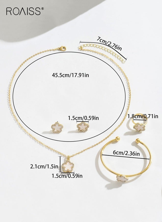 رويس مجموعة مجوهرات الزهور للنساء مكونة من 4 قطع، مجموعة قلادة وأقراط مطلية بالذهب مع خاتم وإسورة، قلادة على شكل زهرة، مجوهرات زفاف وعروس، هدية عصرية - Image 4