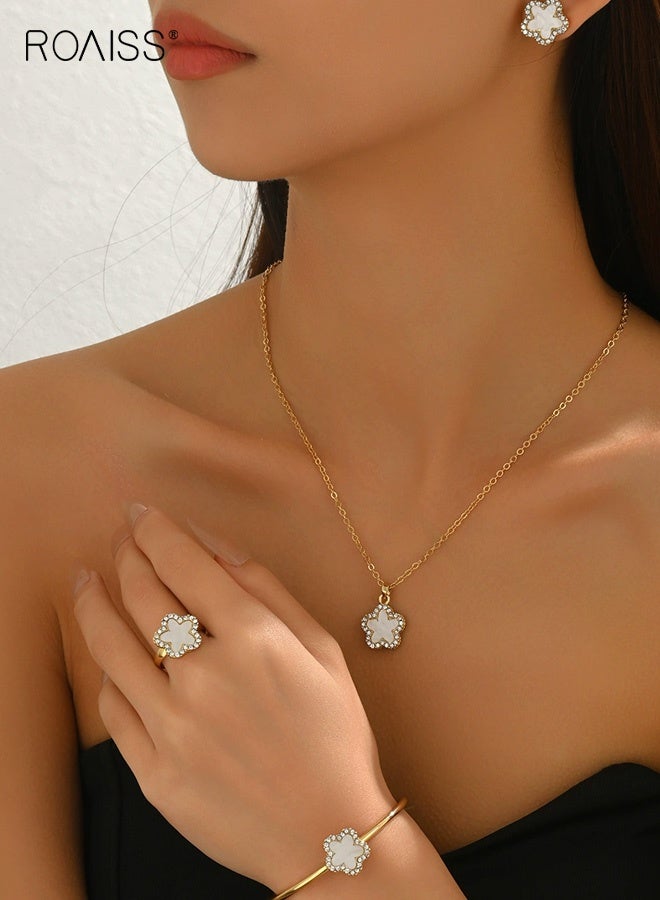 رويس مجموعة مجوهرات الزهور للنساء مكونة من 4 قطع، مجموعة قلادة وأقراط مطلية بالذهب مع خاتم وإسورة، قلادة على شكل زهرة، مجوهرات زفاف وعروس، هدية عصرية - Image 1