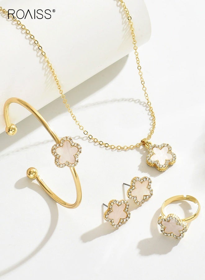 رويس مجموعة مجوهرات الزهور للنساء مكونة من 4 قطع، مجموعة قلادة وأقراط مطلية بالذهب مع خاتم وإسورة، قلادة على شكل زهرة، مجوهرات زفاف وعروس، هدية عصرية - Image 3