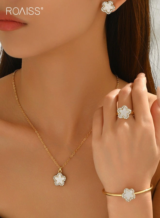 رويس مجموعة مجوهرات الزهور للنساء مكونة من 4 قطع، مجموعة قلادة وأقراط مطلية بالذهب مع خاتم وإسورة، قلادة على شكل زهرة، مجوهرات زفاف وعروس، هدية عصرية - Image 2