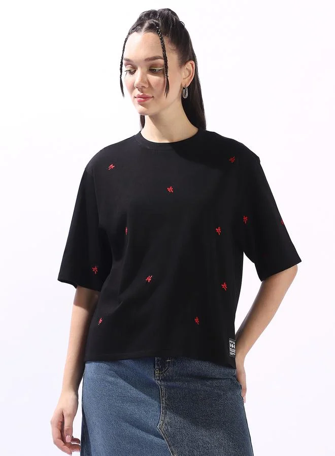 Hubberholme Women's Black 100% Cotton Embroidered Oversized T-Shirt