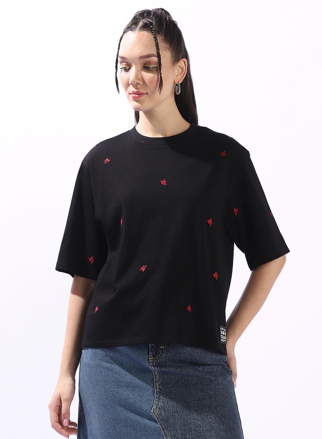Women's Black 100% Cotton Embroidered Oversized T-Shirt