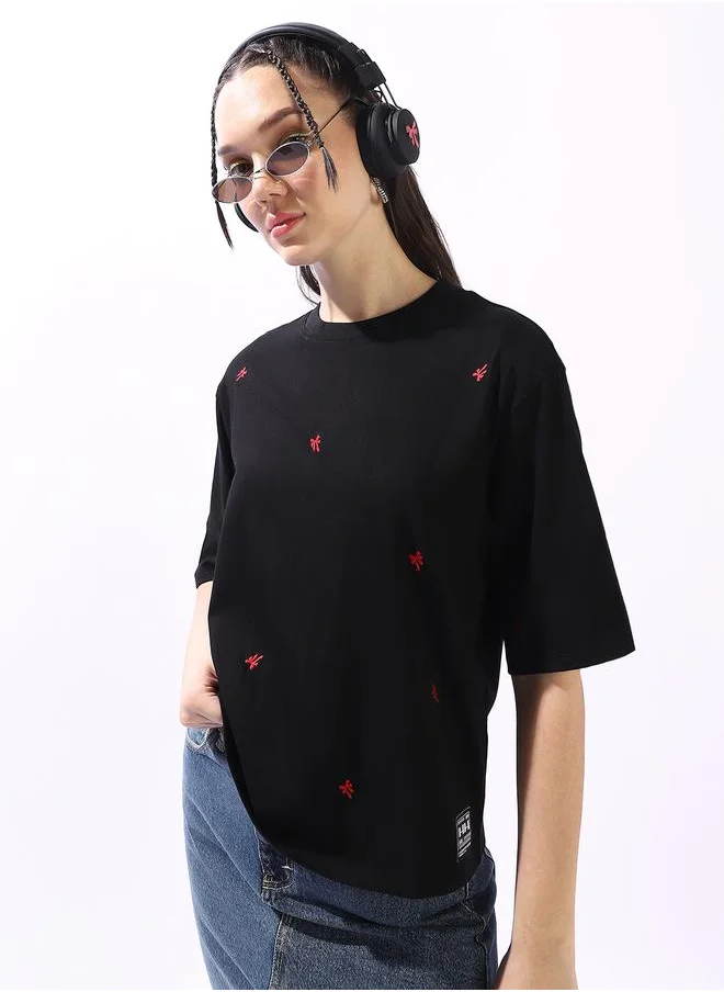 هوبرهولمي Women's Black 100% Cotton Embroidered Oversized T-Shirt
