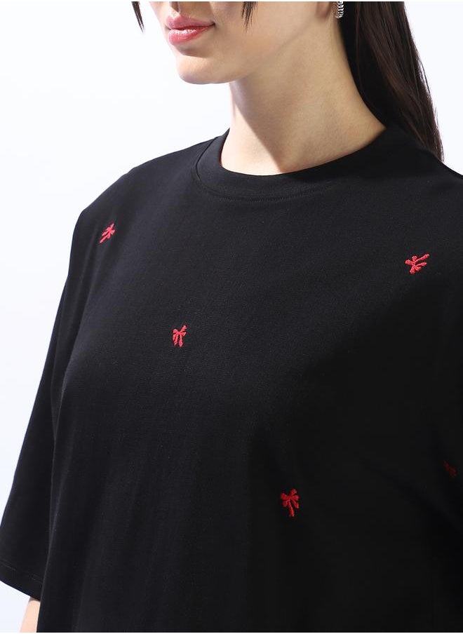 Hubberholme Women's Black 100% Cotton Embroidered Oversized T-Shirt  - Image 5