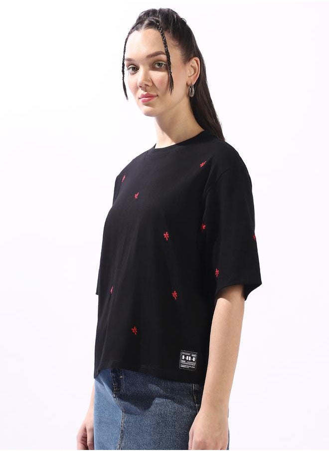 Hubberholme Women's Black 100% Cotton Embroidered Oversized T-Shirt  - Image 3