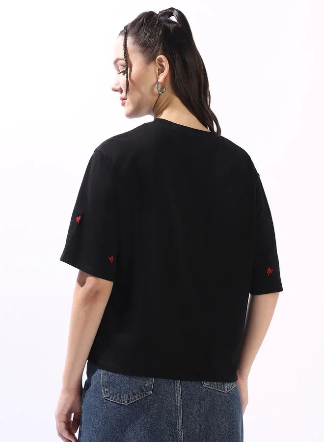 Hubberholme Women's Black 100% Cotton Embroidered Oversized T-Shirt