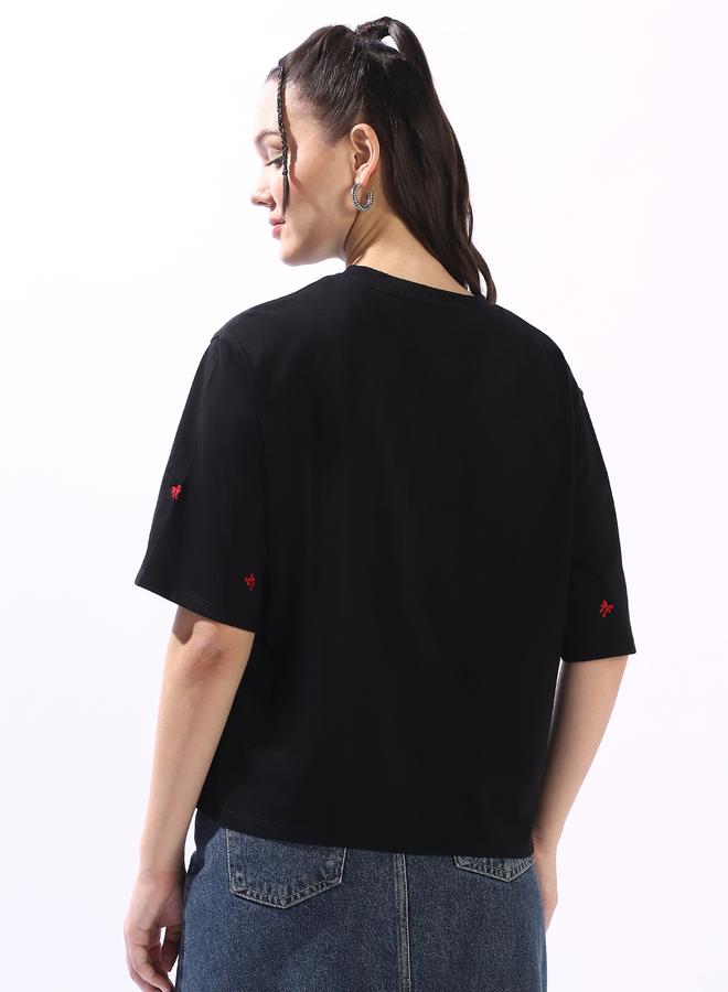 Women's Black 100% Cotton Embroidered Oversized T-Shirt