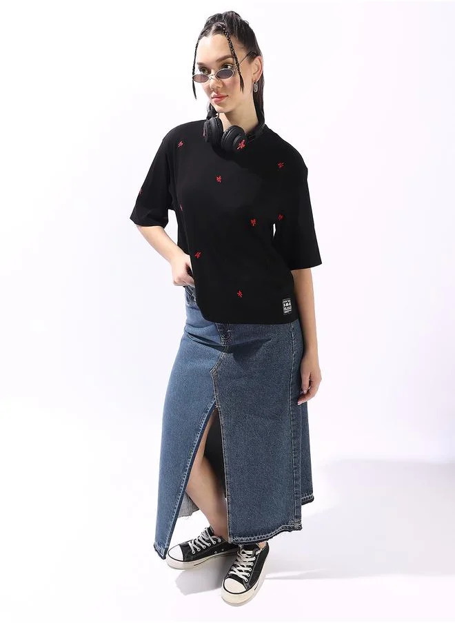 هوبرهولمي Women's Black 100% Cotton Embroidered Oversized T-Shirt