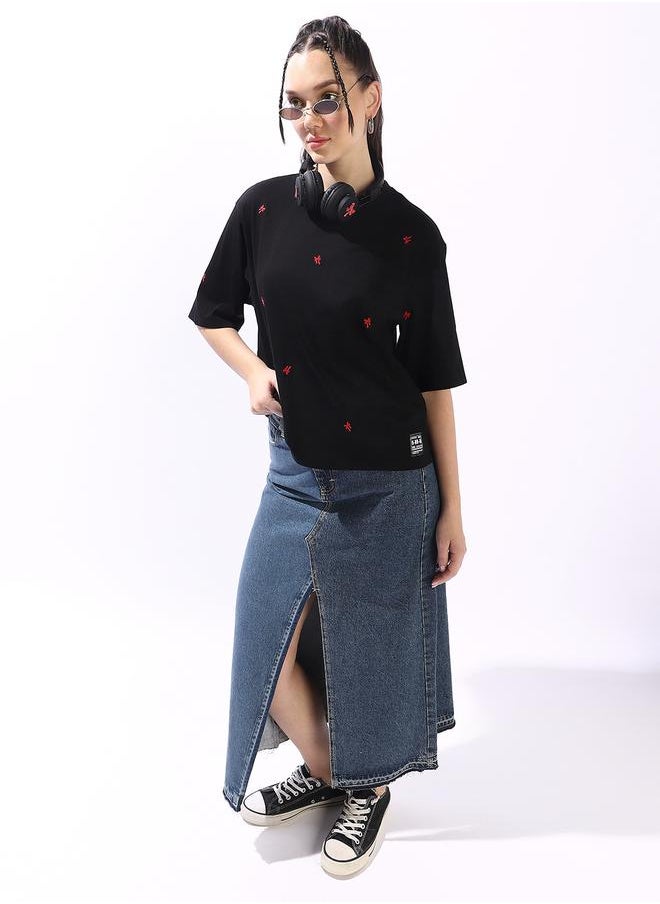 Hubberholme Women's Black 100% Cotton Embroidered Oversized T-Shirt  - Image 2