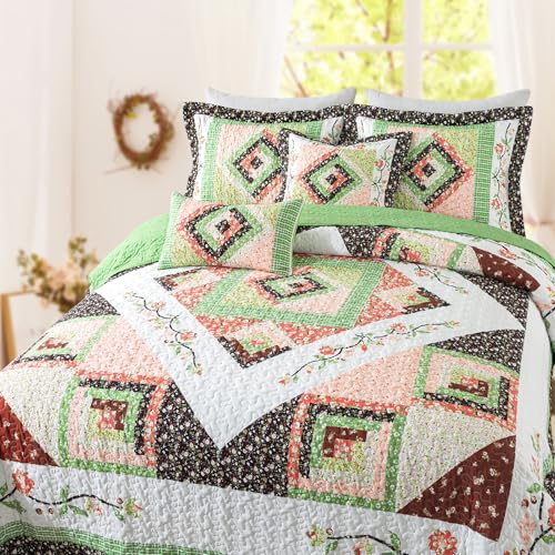 BEDIFANY Queen Size Quilt Set - Lightweight Cotton Filling Bedspread Queen Size (90 x 98 Inch) Coverlet Set - Floral Queen Quilt Bedding Sets for Bed Decorations - All Seasons, 3 Pieces - Green - Image 2