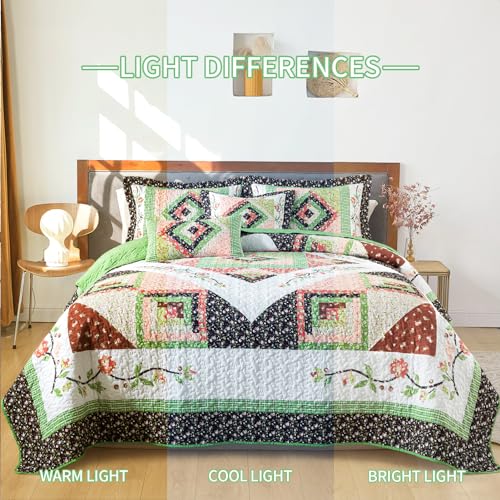 BEDIFANY Queen Size Quilt Set - Lightweight Cotton Filling Bedspread Queen Size (90 x 98 Inch) Coverlet Set - Floral Queen Quilt Bedding Sets for Bed Decorations - All Seasons, 3 Pieces - Green - Image 5