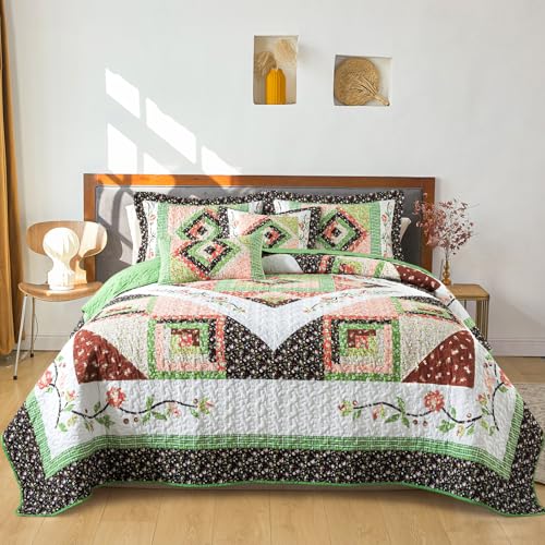BEDIFANY Queen Size Quilt Set - Lightweight Cotton Filling Bedspread Queen Size (90 x 98 Inch) Coverlet Set - Floral Queen Quilt Bedding Sets for Bed Decorations - All Seasons, 3 Pieces - Green - Image 1